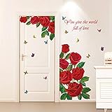 BOSUE SLLXG Romantic Red Rose Flowers Wall Decals Sticker Home Kitchen Bathroom Door Decor DIY Floral Wall Decals for Kids Teen Girl Bedroom Living Room Nursery Office Home Decoration