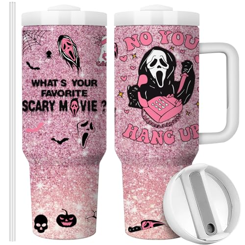 Image of Equoza Tumbler with Lid and Straw | Travel Coffee Mug | Halloween Decoration Horror Gift | 40oz Double Wall Vacuun Insulated Cup (Pink Ghosts)