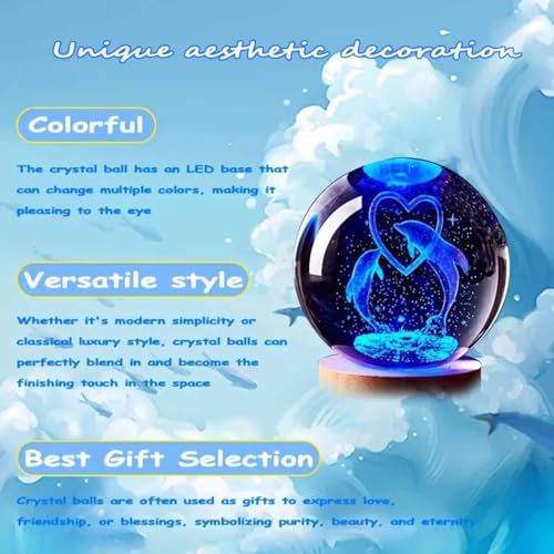 Image of 3D Crystal Ball Lamp with 16 Colors Changing LED Wooden Base - Solar System Night Light, Galaxy Lamps, Galaxy Crystal Ball Light with USB (16 Color Dolphin Love)