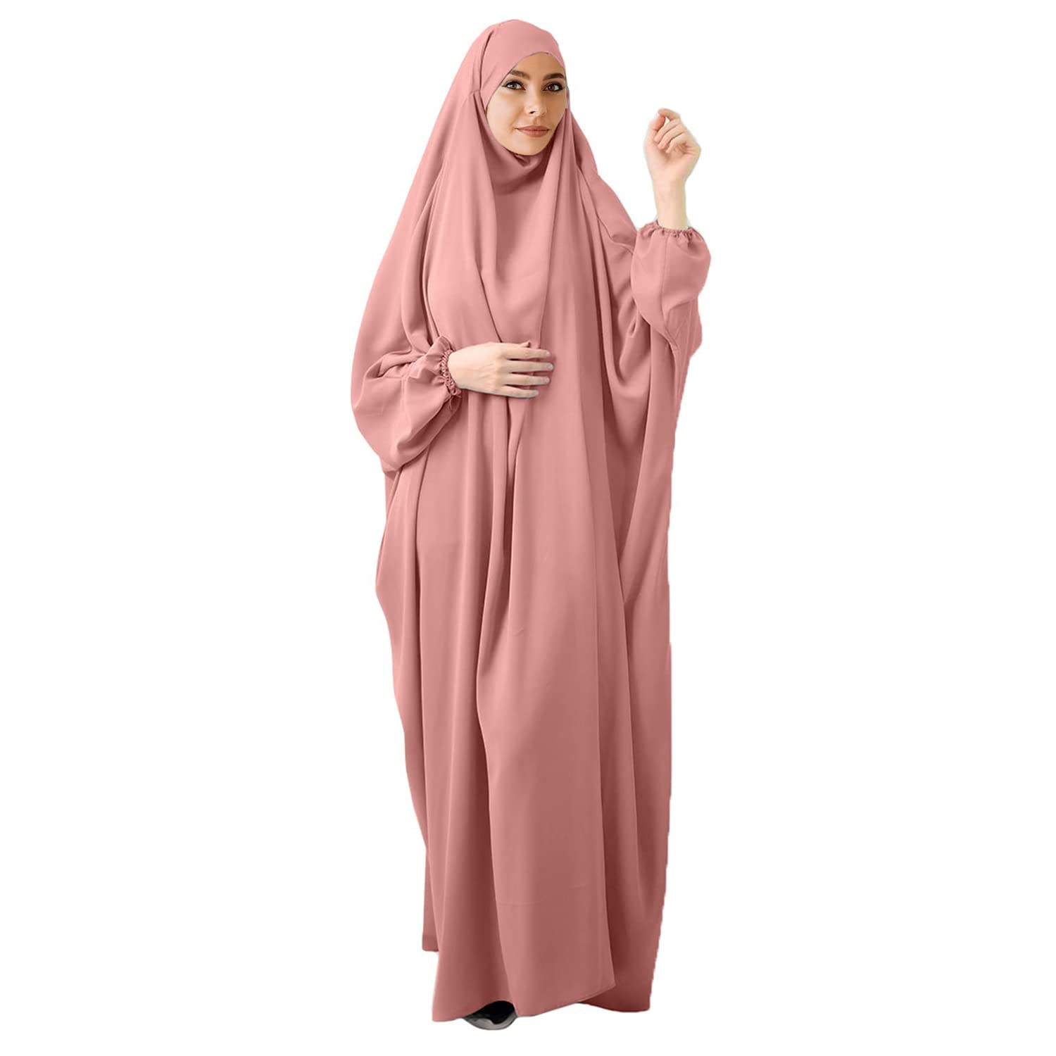 FPOVFPO Womens One-Piece Solid Abaya Muslim Prayer Dress Islamic Maxi Kaftan with Hijab Dubai Full Length Dress, Pink, One Size