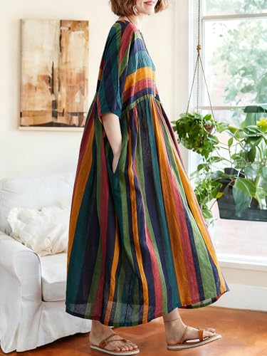 Image of Oversized Dress for Women Summer Midi Dresses Colorful Striped | Lightweight & Breathable Viscose Fabric for Summer. Loose Fit Casual Dresses for House & Vacation. Boho Style with Pockets