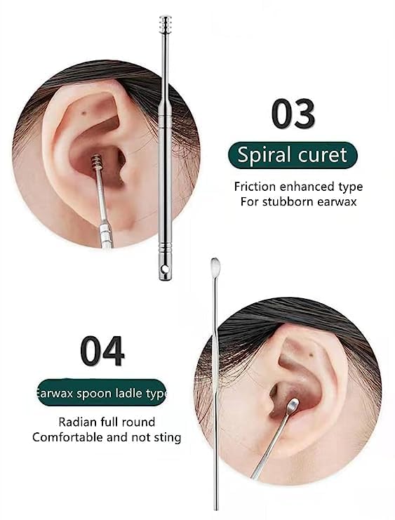 Image of Khedu Fab Ear Pick 6 Pc's with a Storage Box Earwax Removal Kit | Ear Cleansing Tool Set | Stainless Steel Spiral Ear Curette Ear Wax Remover Tool with Cleaning Brush (Pack of 1 kit)