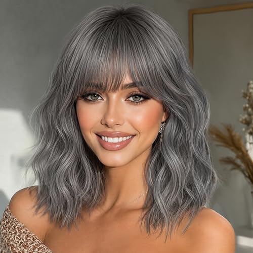 Nnzes Wig Bangs Dark Salt and Pepper Short Wavy Hair for Women Natural Looking Heat Resistant Bob Wigs with Synthetic Wig for Daily Party Use