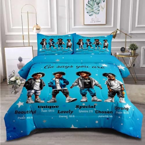 GRAT TIOC Black Boy Comforter Set for Kids Teens Twin,Cute Black African American Boy Bedding Set,Afro Boy Melanin God Says I Am Christian Bedroom Bed Set 3 Pcs with 2 Pillowcases, Pattern 03