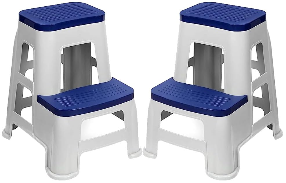 Image of Plastic Multi-Purpose Stepper Stool for Kitchen | Office&Home Use with Weight Bearing Capacity of 120 Kg |2 Step Stool for Home| Color: Blue; Pack of 2