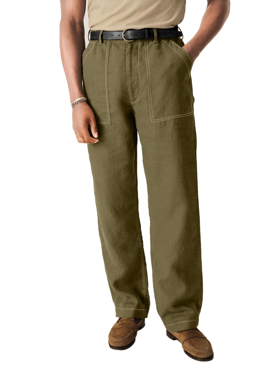 HOTake Mens Casual Cotton Linen Pants Relaxed Fit Flat Front Expandable Waist Trousers