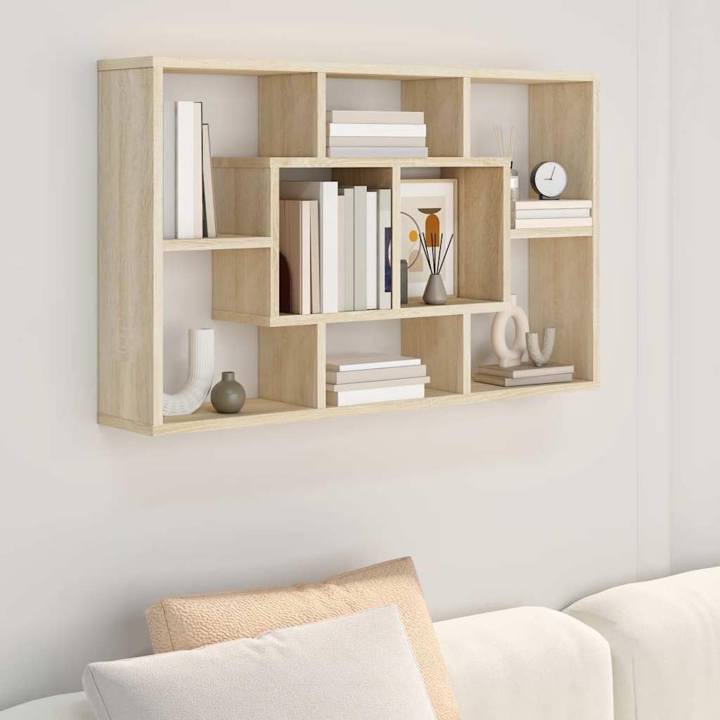 Générique Sonoma Pływający regał ścienny Dąb 85 x 16 x 52,5 cm z drewna inżynieryjnego, 8 przegródek na książki, dekoracje i rośliny, oszczędność miejsca do przechowywania ścian do wnętrz