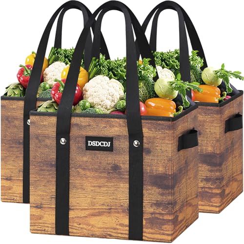 DSDCDJ® Lot de 3 sacs de courses debout pliables - Panier à provisions solide pliable avec anse et semelle rigide - Sac de courses idéal pour chariot de courses et coffre - Marron