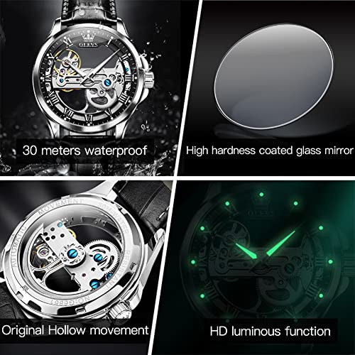 Image of OLEVS Skeleton Watches for Men Automatic Self Winding Mechanical Luxury Dress Leather Waterproof Luminous Men Wrist Watch