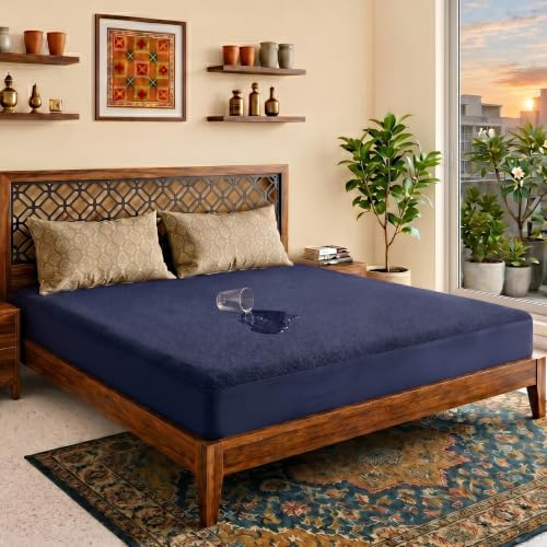 Image of Lithara Terry Cotton Fitted Mattress Protector for King Size Bed | Waterproof & Elastic Band | Ultra Soft & Hypoallergenic Mattress Cover | Size : 72 x 75 Inches (6 x 6.25 Feet) | (Navy Blue)