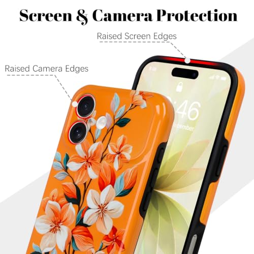 Image of Magnetic for iPhone 17 Case for Women Girl, Orange Floral | Stylish Flower Pattern Design [Compatible with MagSafe] [Full Camera Protection] 2-Layer Hybrid Shockproof Glossy Phone Case
