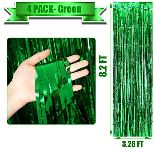 Image of 4 Pack Green Foil Fringe Curtain Backdrop, 3.28Ft x 8.2Ft Metallic Tinsel Foil Fringe Streamer Curtains for Photo Booth Props Decor Party Supplies