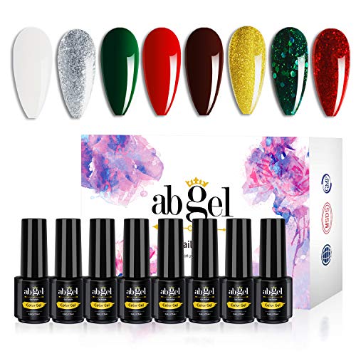 Ab Gel Soak Off UV LED Starter Kit for Manicure Collection of Silver Gold Glitter White Green Red 8 PCS Gel Nail Polish Set