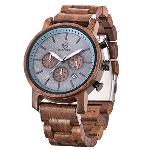MUJUZE Mens Wooden Watches Business Casual Stylish Chronograph Men Watch Military Luxury Gift with Wooden Box (ME1010 Walnut)