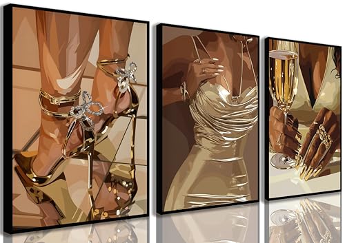 3Pcs Black Woman Wall Art African American Woman Wall Decor Boho Black Girl Prints Posters Fashion Black Lady People Canvas Paintings Pictures for Living Room Bedroom Unframed