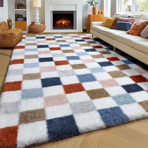 KICMOR Rugs for Living Room, 5x8 Area Rug Fluffy Soft Rainbow Checkered Fuzzy Shag Shaggy Carpets for Bedroom, Indoor Plush Colorful Rug for Kids Boys Girls Room Dorm Nursery Home Decor Aesthetic