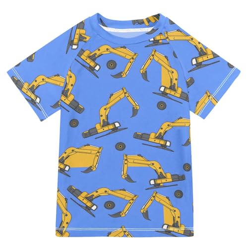 ALAZA Kids Rash Guard Boys Toddler Swim Shirts Short Sleeve Excavator Blue UPF 50+ 3T