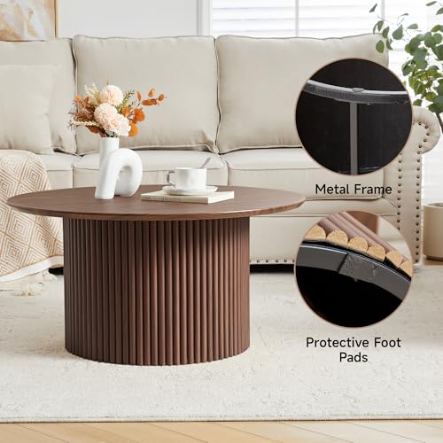 Image of 31.5 inch Round Coffee Table, Modern Fluted Accent Center Table with Metal Frame, Wooden Circle Coffee Tables for Living Room Small Space or Office (Walnut)