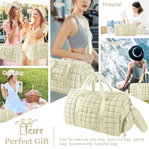 Image of Quilted Travel Duffle Bag Gym Bag for Women,Large Puffer Duffle Weekender Bag with Compartment,Workout Overnight Carry on Organizer Bag Duffle Bag for Airplane Travel(L-Off-white)