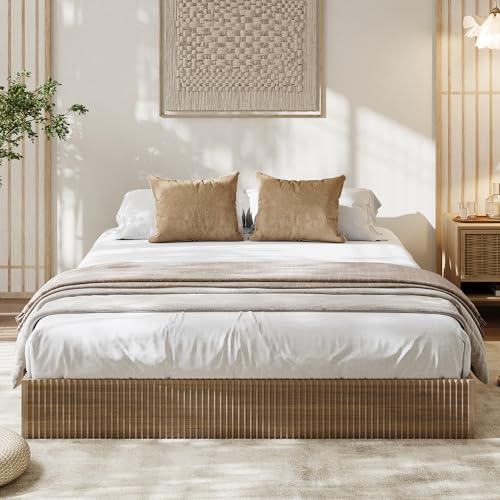 Image of GarveeHome Queen Size Bed Frame, Wood Platform Bed, Fluted Bed Frame, Minimalist Bed Base with Low Profile Design, Noise-Free, Easy Assembly, No Box Spring Needed, Walnut
