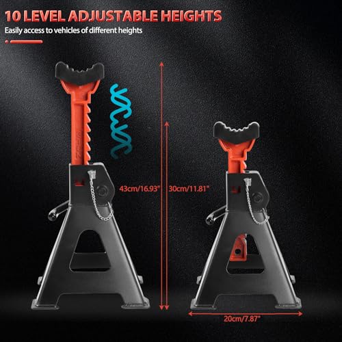 Jack Stands 3 Ton with Double Locking Large Foot Base, 6600 lb Capacity,11.8\"-16.9\",1 Pair Black Adjustable Heavy Duty Jack Stands with Extra Rubber Pads for Trucks,SUV, MPV,UTV/ATV,Home Garage