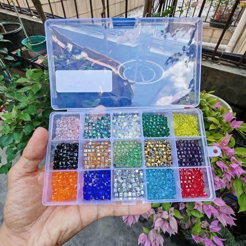Image of 4mm Cube Glass Beads for Jewelry Making 750pcs AB Colour Faceted Shape Colourful Crystal Spacer Beads Assortments Supplies for Bracelet Necklace with Cord