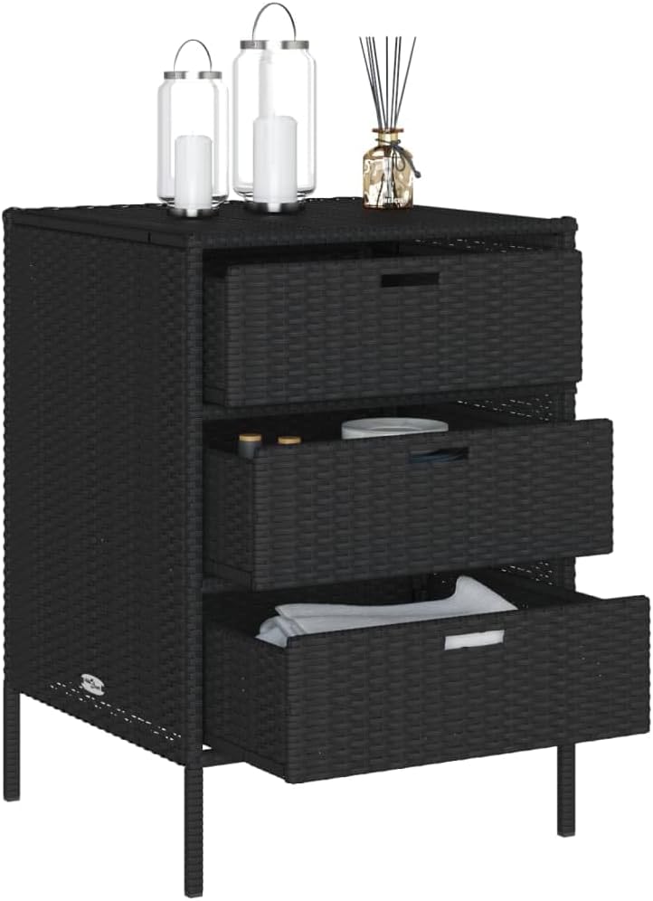 Wicker Patio Storage Cabinet with 3 Drawers, PE Rattan Storage Cabinet Organizer, Outdoor Towel Rack for Pool, Black 21.7"x23.2"x31.5" Poly Rattan, -334