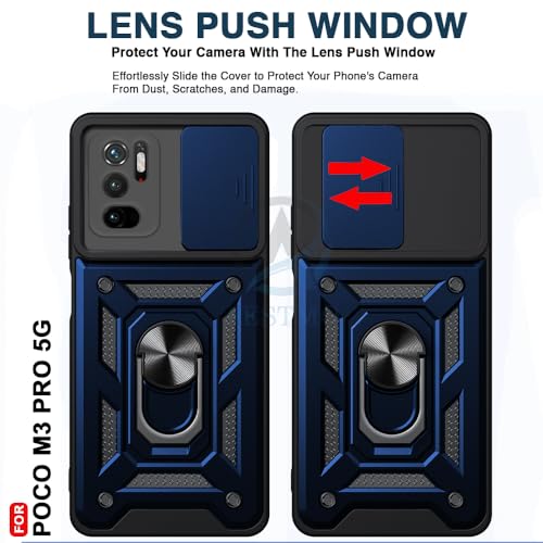 Image of AESTMO Tough Armor Compatible with Poco M3 Pro 5G / Redmi Note 10T 5G Bumper Back Case Cover | Ring Holder & Sliding Camera Shield Cover | 360 Degree Protection Back Case Cover (Blue)
