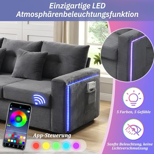 Canapé d'angle LED Modèle e H-gris avec pouf