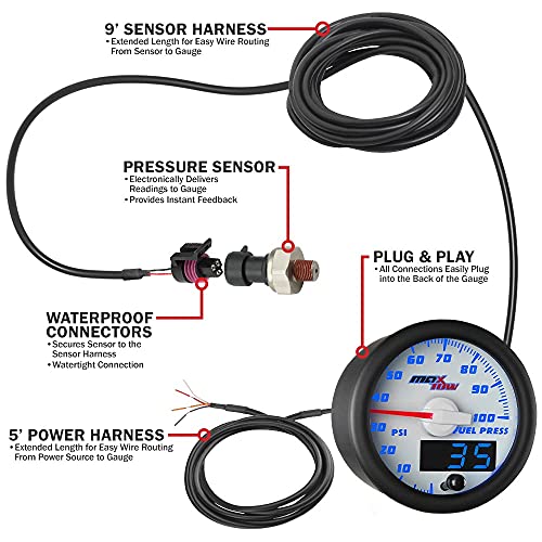 Maxtow Double Vision 100 Psi Fuel Pressure Gauge Kit - Includes Electronic Sensor - White Gauge Face - Blue Led Illuminated Dial - Analog & Digital Readouts - For Trucks - 2-1/16" 52Mm #TOP1