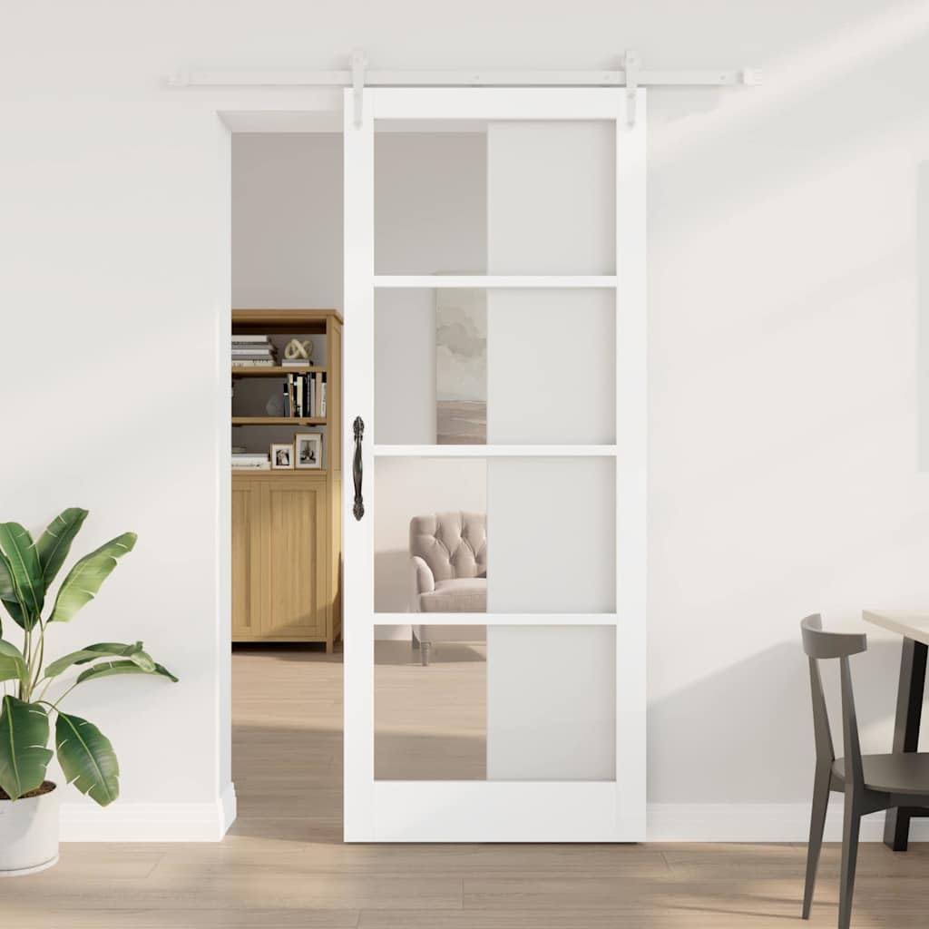 Schiebetür 93 x 232 cm Weiß aus Kiefernholz und Glas für Innenbereich, Platzsparende Schiebetür mit leisem Schiebemechanismus