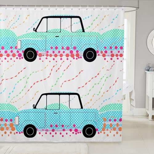 Homewish Rideau de Douche Garçon 180x200cm Voiture de Dessins Animés, Rideau Douche Taxi Voitures Véhicules, Rideau de Bain À Pois Colorés, Rideau de...