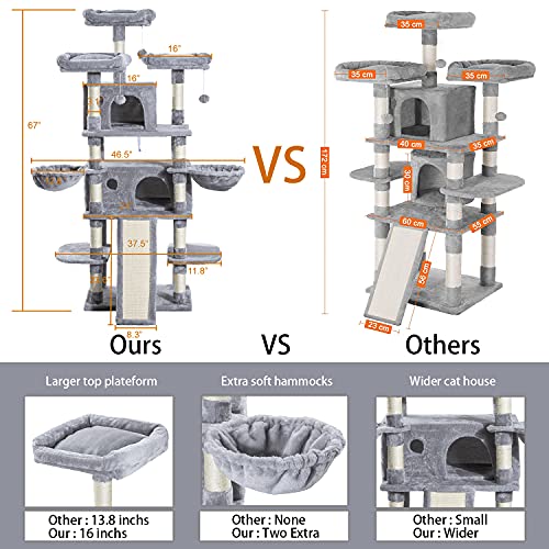 Sha Cerlin 68 Inches Multi-Level Large Cat Tree For Large Cats/Big Cat Tower With Cat Condo/Cozy Plush Cat Perches/Sisal Scratching Posts And Hammocks/Cat Activity Center Play House, Grey #TOP6