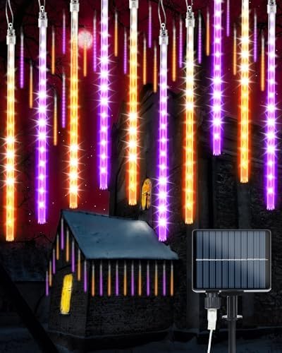 Solar Halloween 20 Tubes Orange Purple Meteor Shower Icicle Lights 480 LED