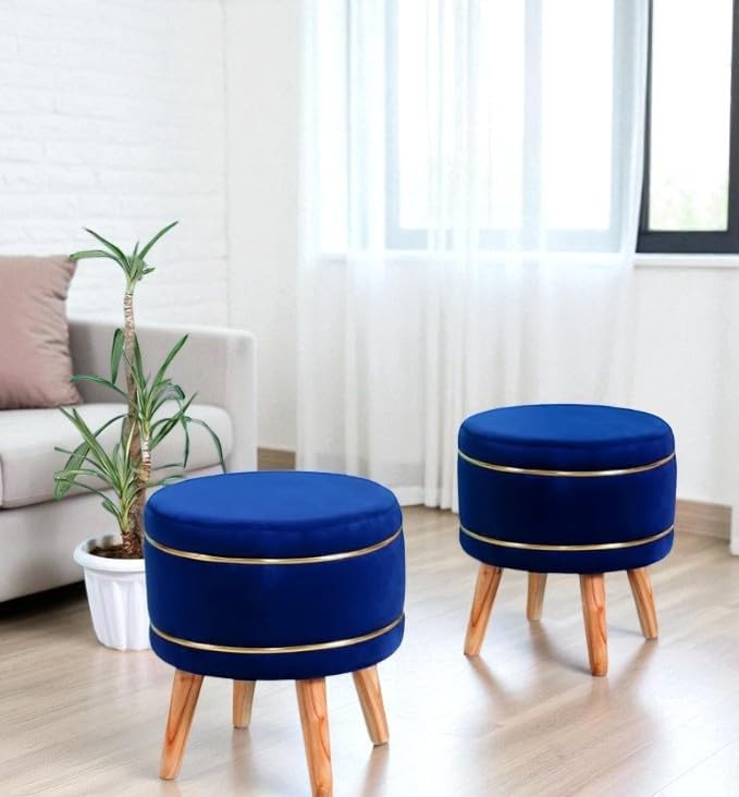 Image of Ottoman Stool for Living Room Foot Rest | Velvet Small Ottoman Foot Stool | Solid Wood Legs | Footstool Puffy for Home, Bedroom & Makeup Table | 16x16x18 Inch, Set of 2 (RoyalBlue)