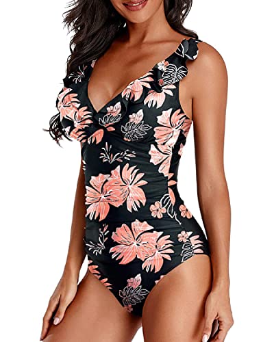 Holipick Women Black Flower One Piece Swimsuits Tummy Control Bathing Suit Ruffle V Neck Swimwear Slimming Monokini For Teen Girls Small #TOP2