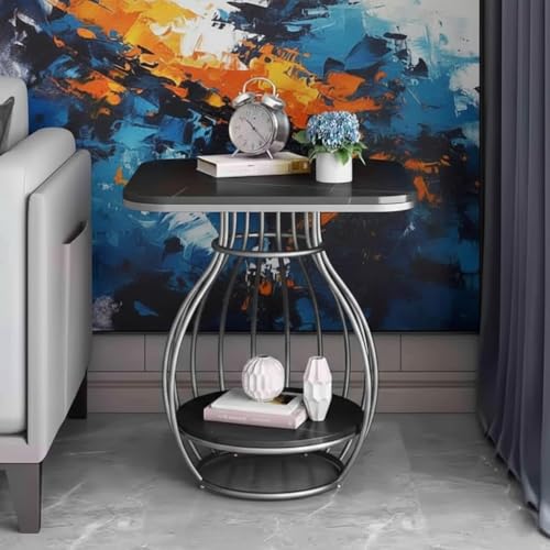 Image of Modern Side Table Corners Living Room Square Table Double Tier Sofa Side Table,Round Base Coffee Table,Portable Bedroom Nightstands Small Space (Gry Black)