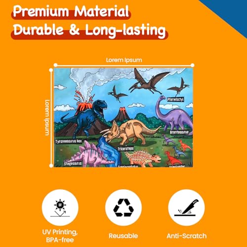 Image of Dining Table Mats Set of 2 - Dinosaur Kids Theme,Digital Print, Washable, Indoor /Outdoor, Heat-Proof, Water Resistant, Wipe & Clean (47X33 cm) Green & Multi