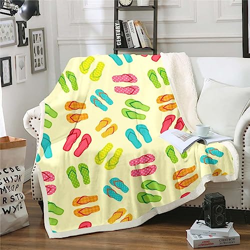 Erosebridal Colorful Flip Flops Blanket Beach Slippers Throw Blanket for Bed for Kids Boys Girls, Summer Holiday Fleece Blanket Hawaii Farmhouse Sherpa Blanket, Coastal Lodge Cabin Fuzzy Blanket