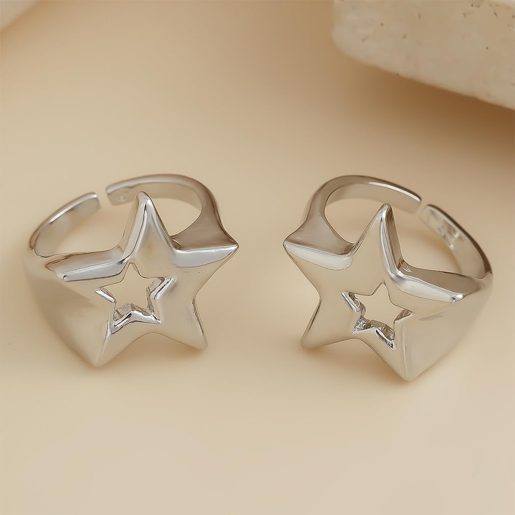 Juego de 2 anillos abiertos gruesos de oro Y2k para mujer, apilables, estrellas huecas, vintage, anillos para nudillos, anillos grandes de hip hop, joyería de regalo, Zinc, Sin piedras preciosas 5