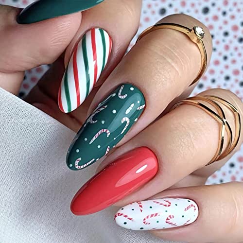 Christmas Almond Press on Nails Long Stiletto Acrylic Fake Nails with Nail Glue A cane Pattern Design False Nails Red White Green Full Cover Stick on Nails for Women Girls Nail DIY Decorations 24Pcs