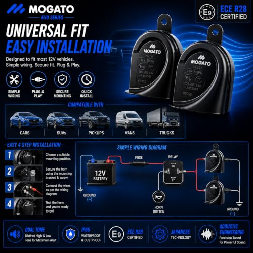 Image of Car Horn 12V Loud Sound Waterproof Electromagnetic Trumpet Horn, Universal Vehicle Horn for Car, SUV, Van & Truck, High Sound Replacement Horn (Set of 2)