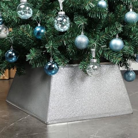 Blissun Fabric Christmas Tree Collar, Square Christmas Tree Ring, Glittering Willow Christmas Tree Skirt for Christmas Tree Decorations (Glitter Silver) Cover