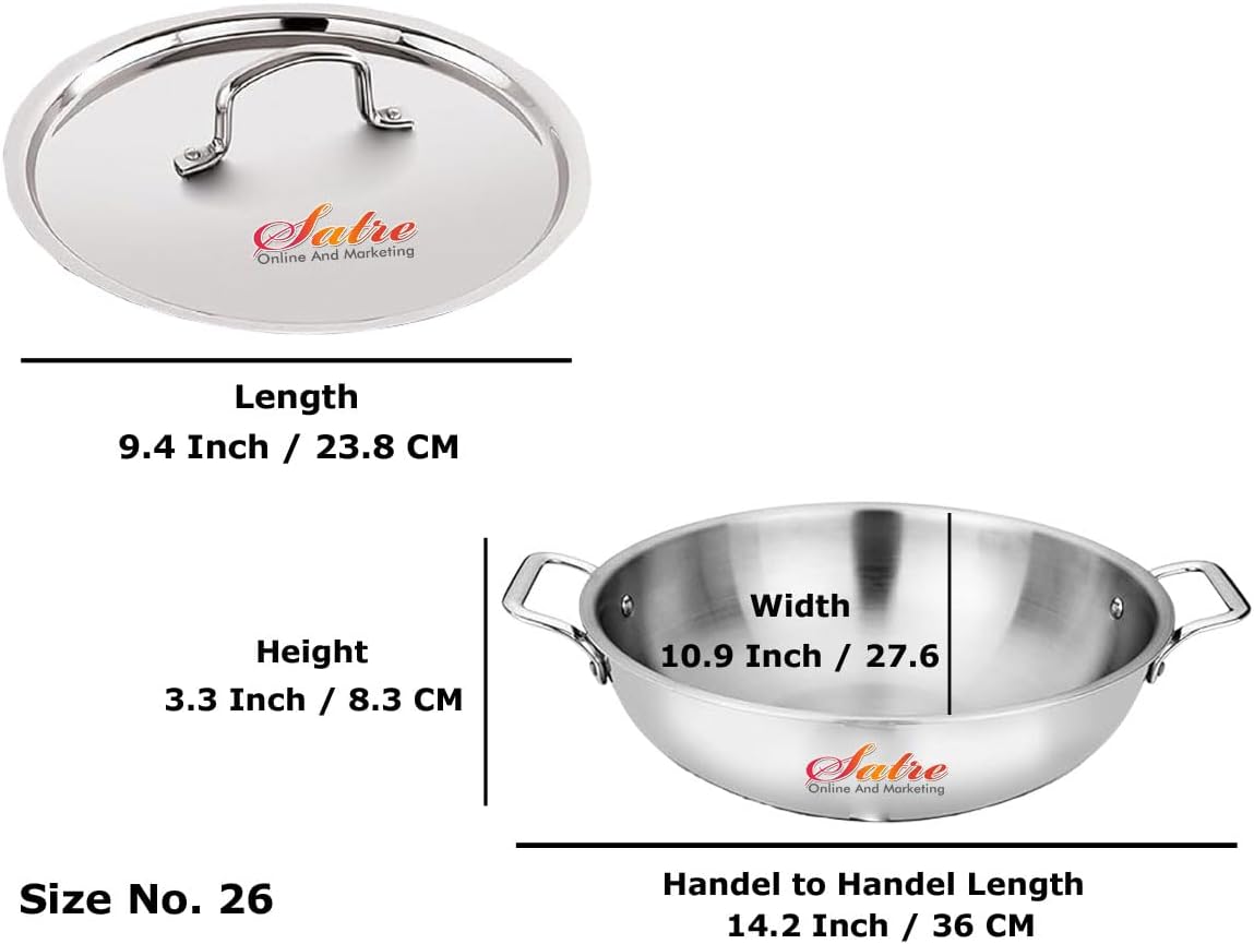 Satre Online and Marketing Stainless Steel Triply Kadhai With Steel Lid, Kadhai with Lid, Induction Base (Size No. 26)