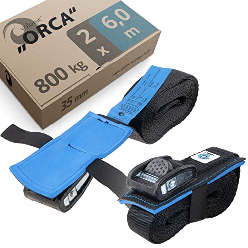 valonic ORCA - cincha de amarre con cierre de apriete - 2 piezas, 6m, acolchada, EN-12195-2, 800 Kg, 35mm de ancho, negro - correa de amarre para tabla de paddle surf o kayak