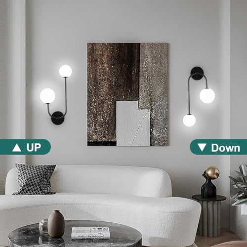 Image of Milk Glass Wall Sconce Black Wall Sconces Mid Century Modern Sconces Wall Lighting 2 Light Globe Sconce for Bedroom Living Room Hallway Wall Light Fixtures