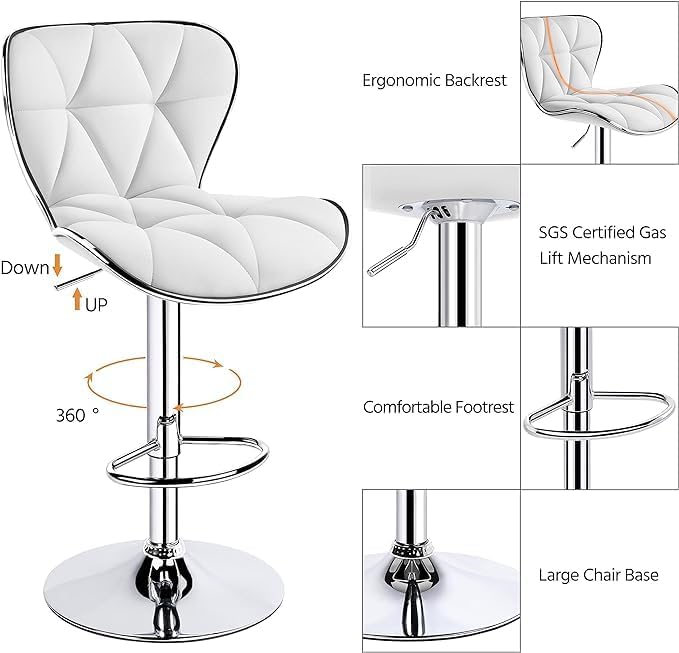 2 White Modern Adjustable Counter Swivel Pub Style Bar Stools / Barstools (White)