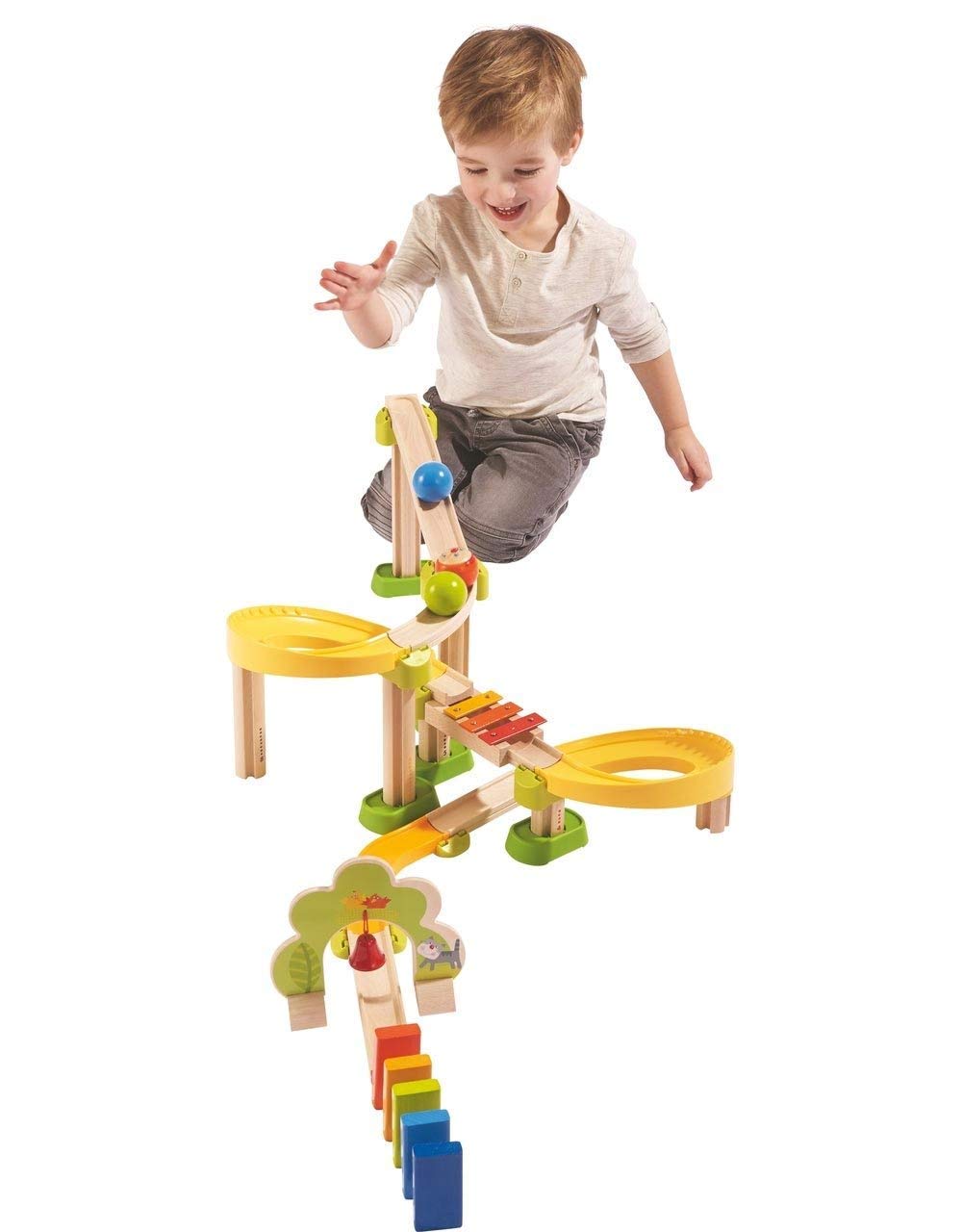 HABA 302056 - Kullerbü - Kugelbahn SIM-Sala-Kling, Holzkugelbahn mit vielen spannenden Bauelementen, Glöckchen-Tor und Klangtreppe, 38 Bauteile, Spielzeug ab 2 Jahren & Kullerbü Ergänzungsset Säulen