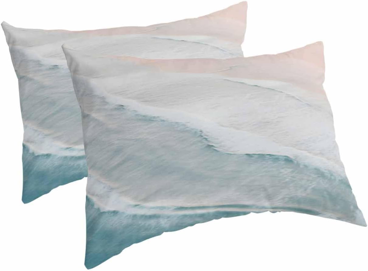 DecorLovee Summer Beach Pillow Cases Set of 2 - Standard Size, Microfiber Material, Ocean Coastal Seaside Aqua Beige Decorative Lumbar Pillow Cover with Envelope Closure for Sofa/Travel