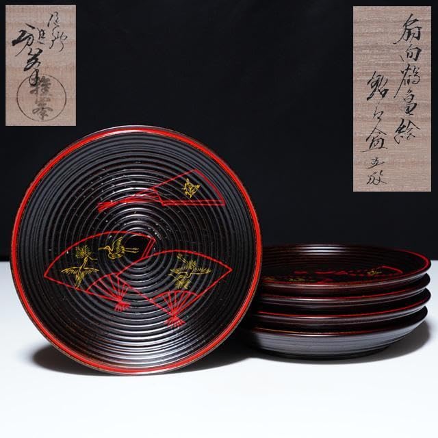 前端雅峯　扇面鶴亀絵銘々盆　5枚　共箱　茶道具　菓子器　銘々皿 前端雅峯扇面鶴亀絵銘々盆5枚共箱茶道具菓子器銘々皿 | ヤマダウェブコム